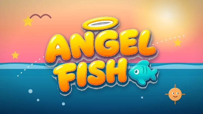 Angel Fish Game — sunset sky and ocean with bubbly ANGEL FISH logo