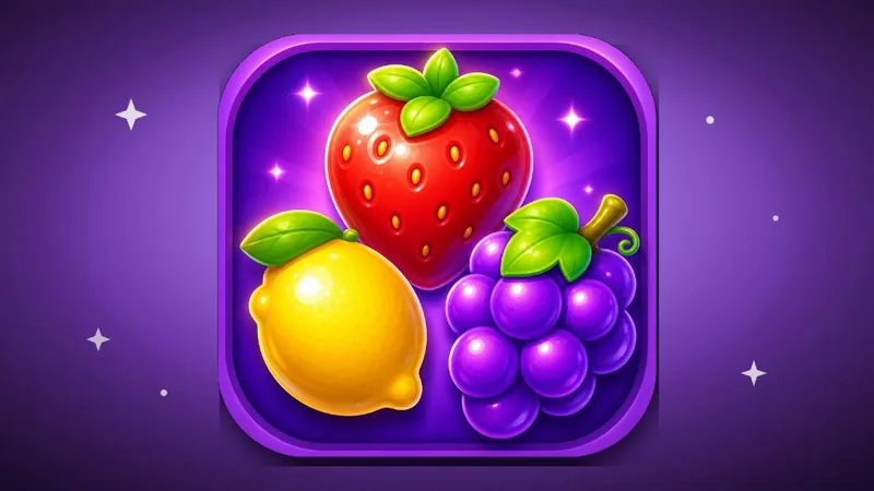 Fruit Crush — glossy strawberry, lemon, and grapes on a purple game icon
